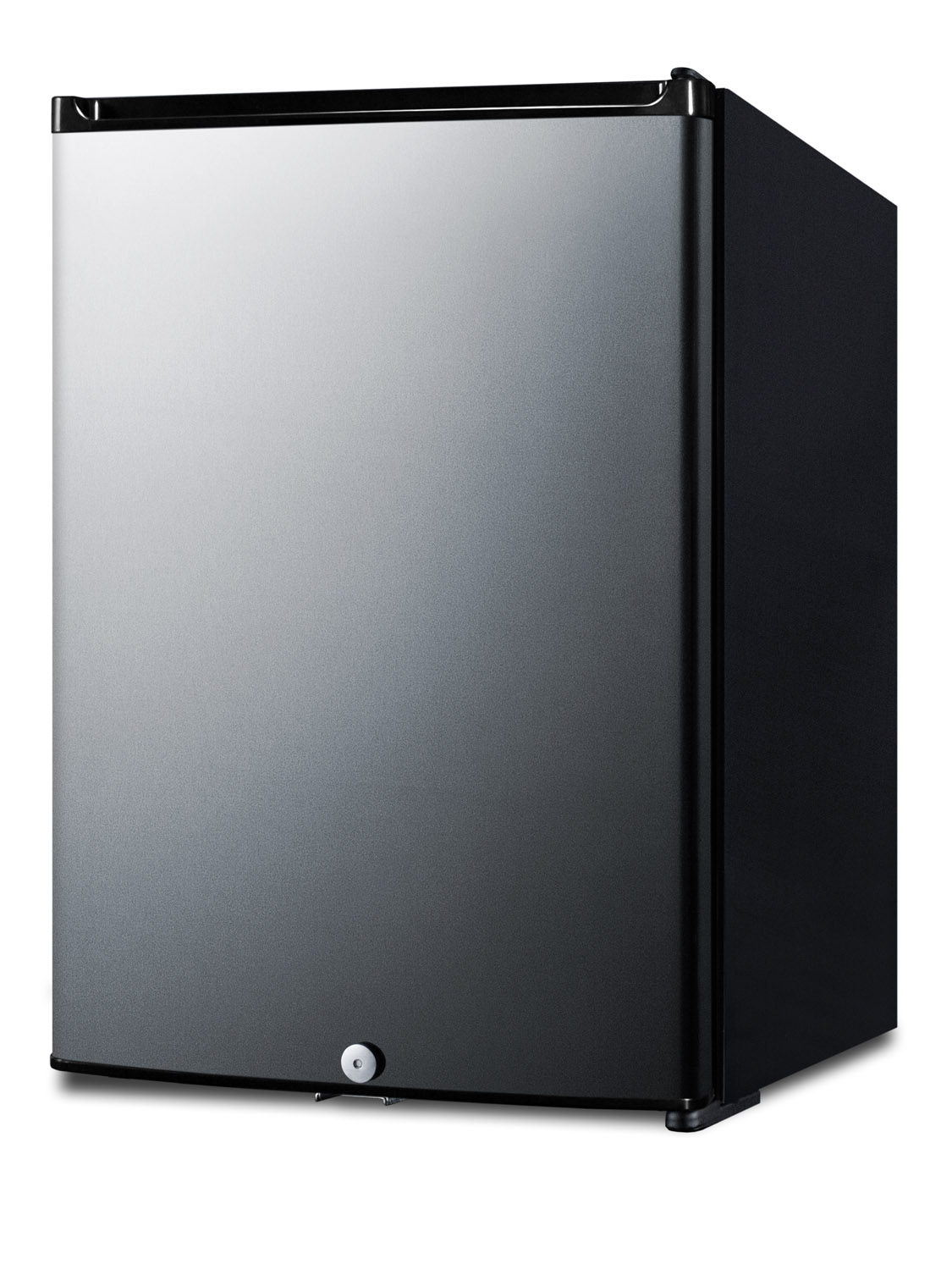 Compact minibar with reversible stainless steel door, front lock, and black cabinet